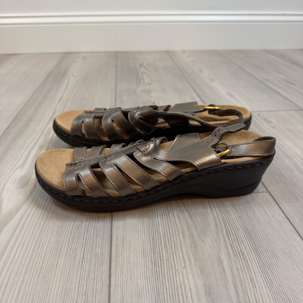 Clarks Collection Metallic Pewter Leather Strappy Wedge Sandals 37487 11W